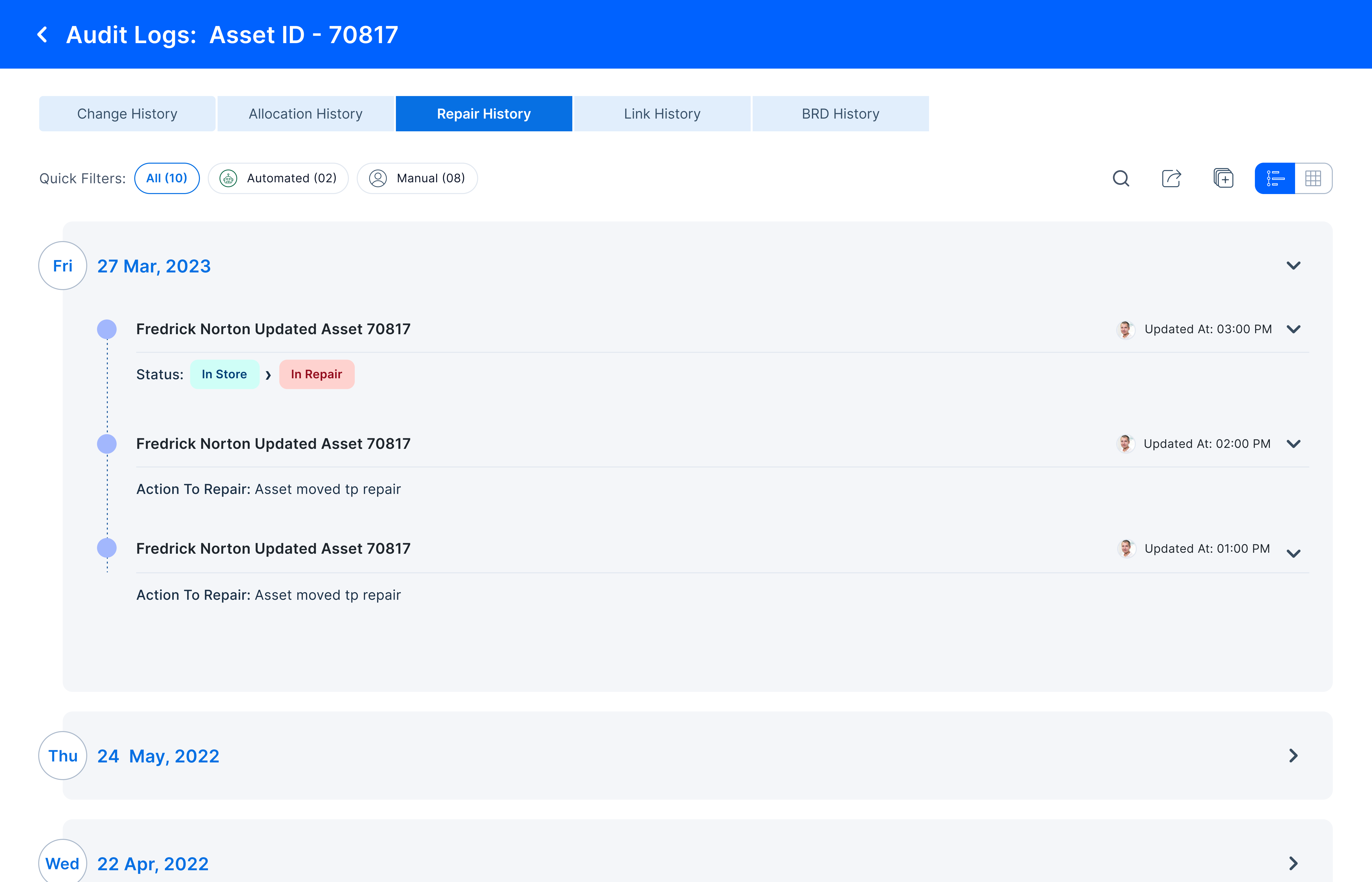 Detailed audit log for a specific asset in SymphonyAI’s system.