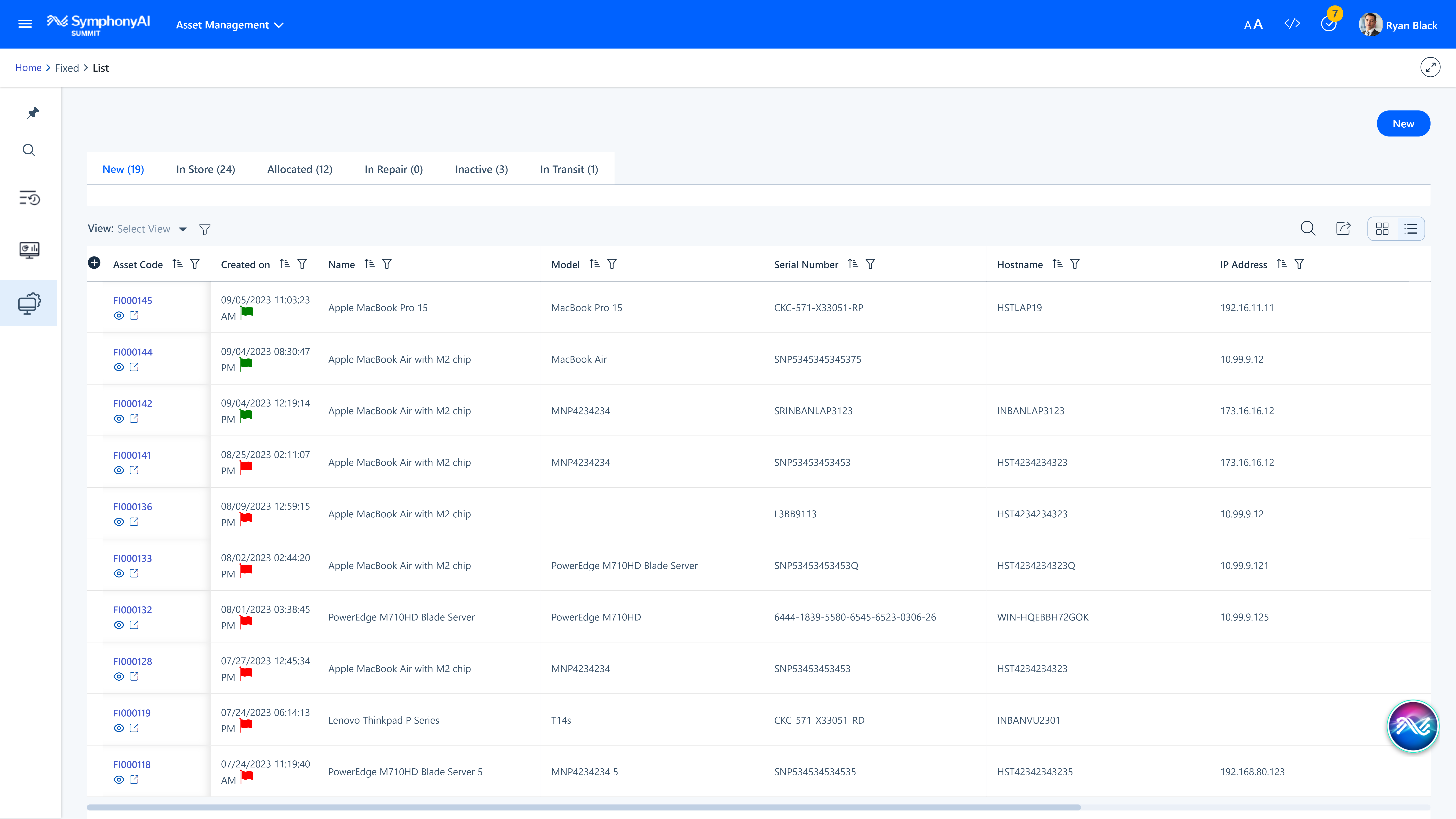 User interface of SymphonyAI showing a list of fixed assets.