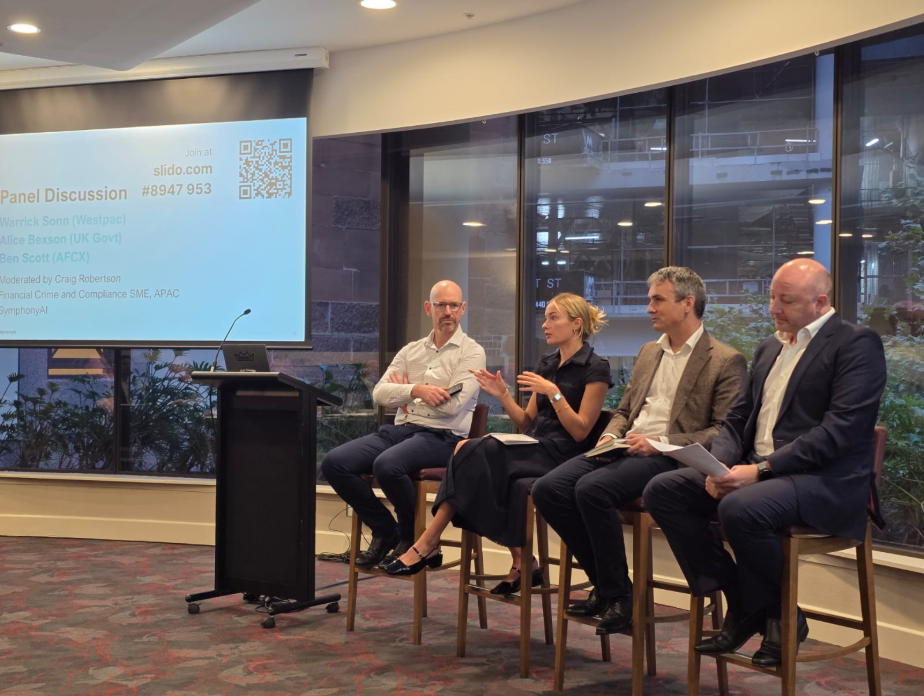 A panel discussion at the Financial Crime and Compliance Customer Insights Forum featuring representatives from SymphonyAI, Westpac, UK Government, and AFCX