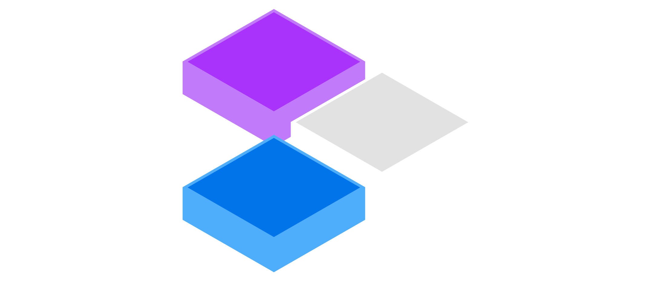 Illustration isométrique de trois tuiles carrées, violette, bleue et blanche, disposées en triangle, symbolisant la coordination entre la perception, le raisonnement et l'action au sein d'un système d'intelligence artificielle.