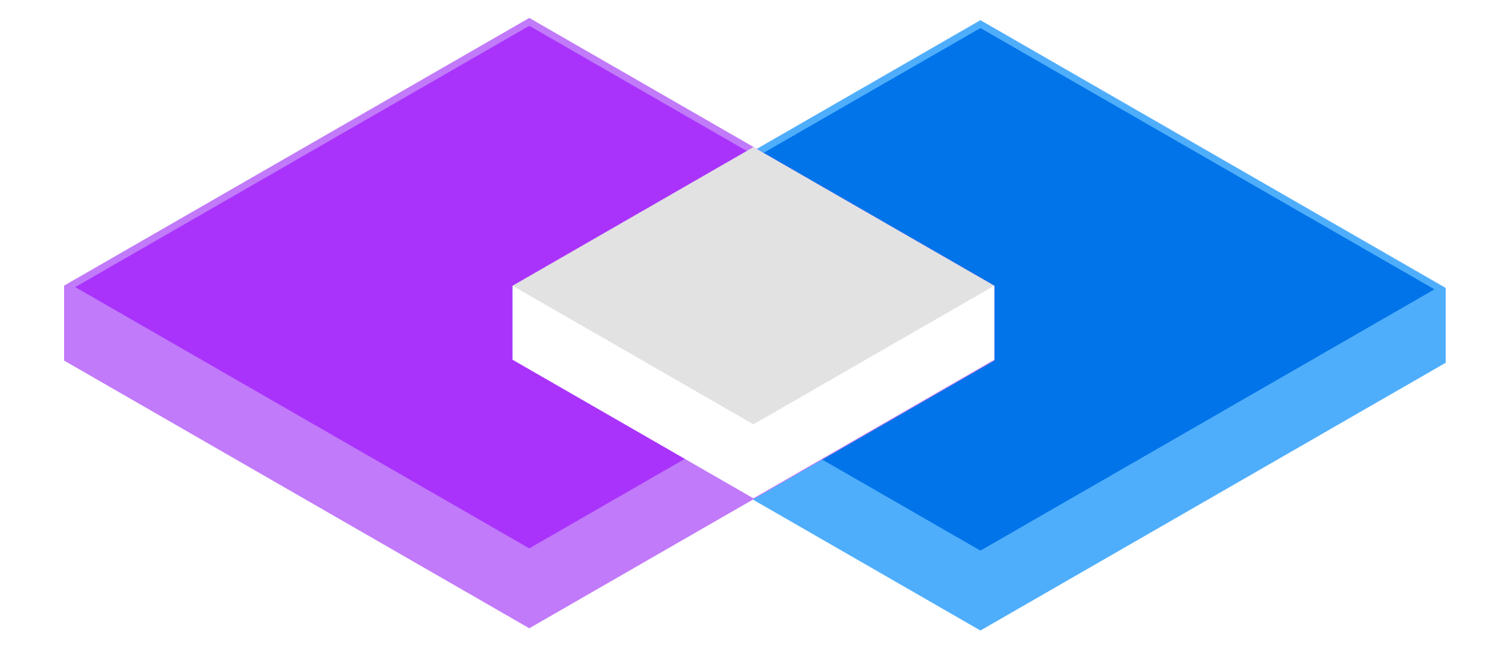 Illustration isométrique abstraite de deux losanges superposés, l'un violet et l'autre bleu, avec un petit bloc 3D blanc centré à leur intersection, représentant la connexion ou l'interaction entre deux systèmes.