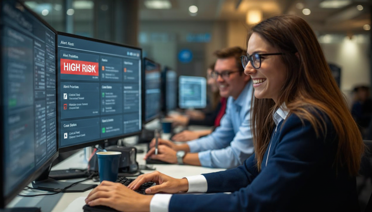 Compliance analyst triaging high-risk alerts on an AI AML transaction monitoring dashboard with automated alert prioritization