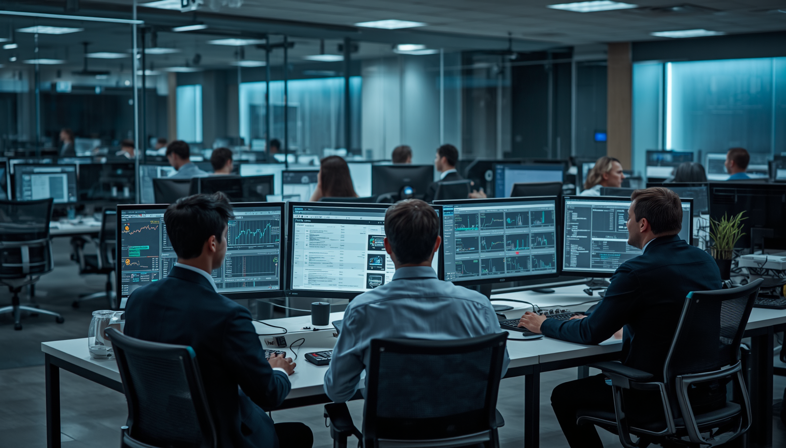 Financial compliance team monitoring transaction data ingestion across multiple screens for AI AML transaction monitoring