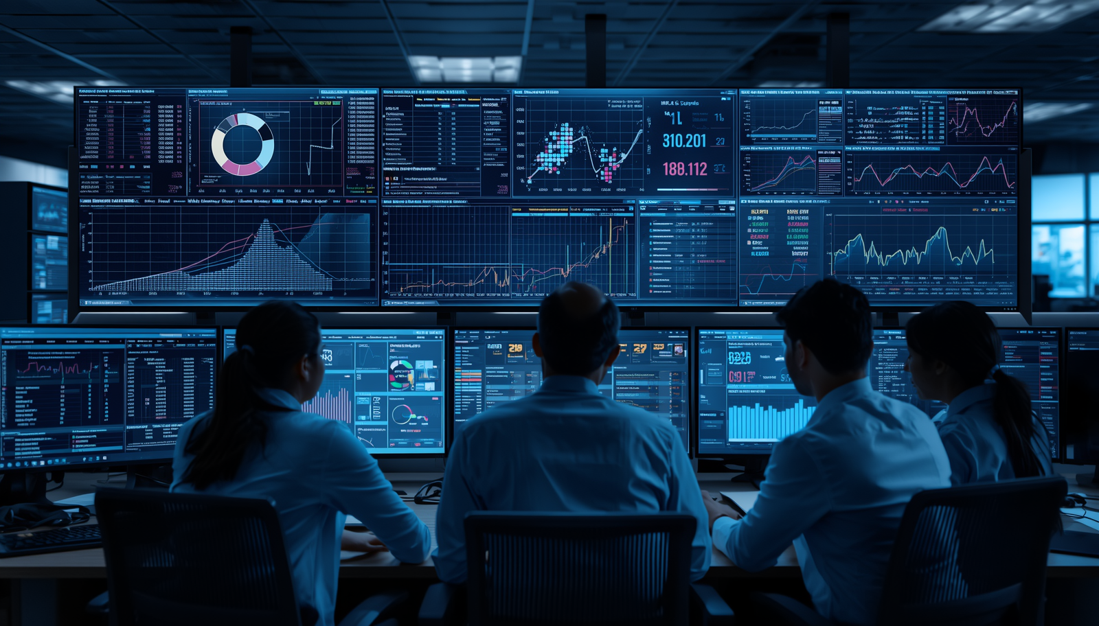 AML compliance analysts reviewing AI-powered transaction monitoring detection models on a large multi-screen analytics dashboard