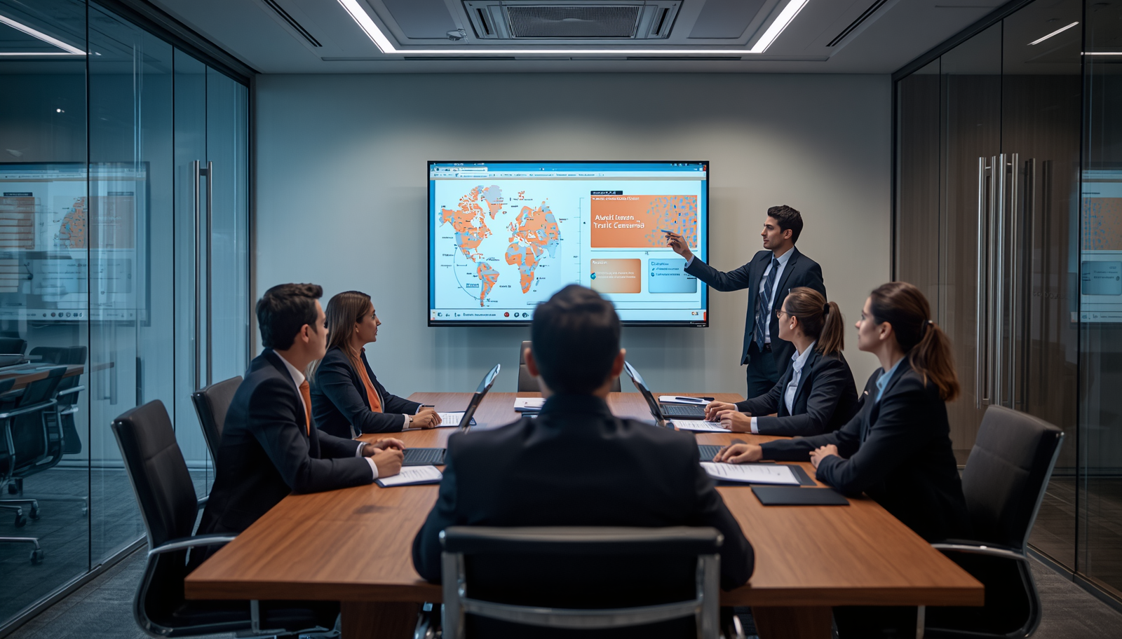 Financial institution leadership team reviewing AI AML transaction monitoring governance and global compliance coverage