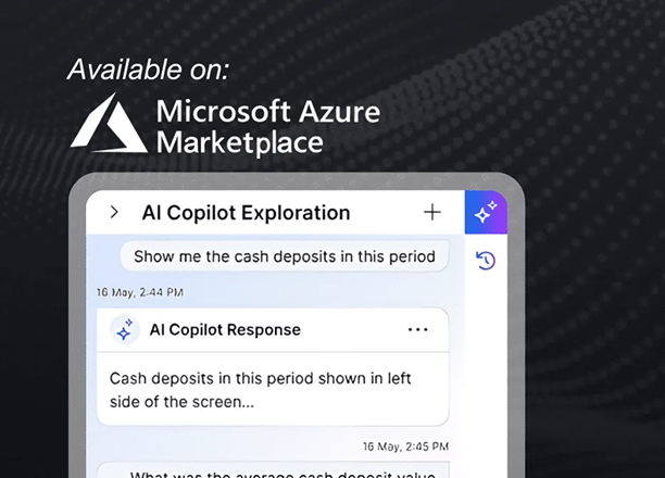 Interface d'exploration AI Copilot montrant une requête et une réponse sur les dépôts en espèces, avec la bannière de disponibilité de Microsoft Azure Marketplace.